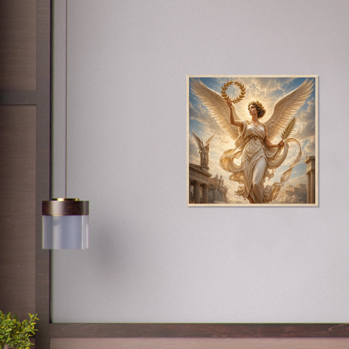 Gerahmte Fine Art mit Nike der griechischen Göttin des Sieges mit Flügeln und Lorbeerkranz in antiker Stadtkulisse an einer modernen Wand von babasan