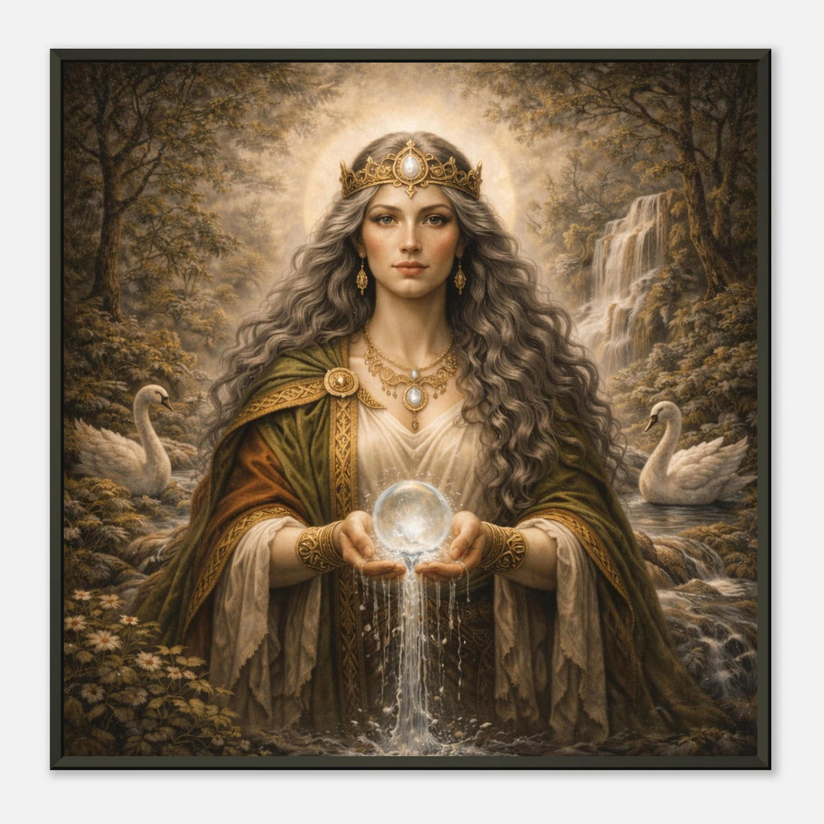 Keltische Muttergöttin Danu hält eine leuchtende Kristallkugel vor einem Wasserfall und Schwänen im Wald. Gerahmtes Fine Art von babasan