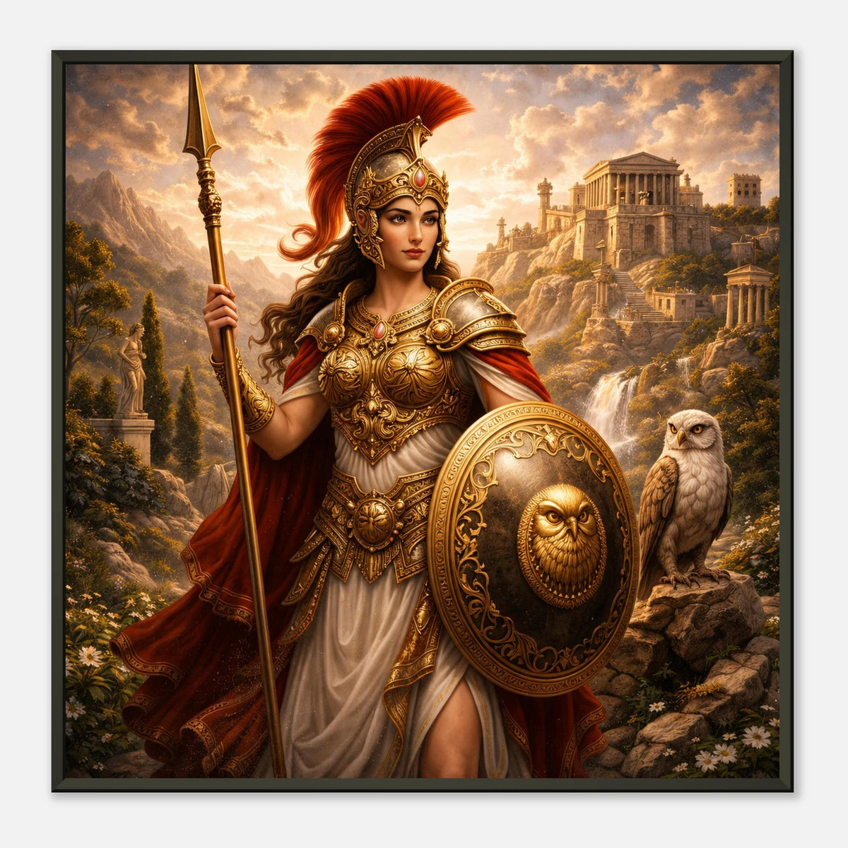 Gerahmte Fine Art von Athena in goldener Rüstung mit Speer und Schild neben einer Eule vor antiker griechischer Tempellandschaft aus der babasan Kollektion