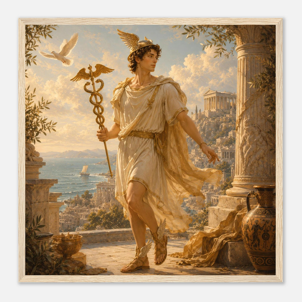 Hermes mit geflügeltem Helm und Heroldstab vor antiker Küstenstadt und Säulen als gerahmte Fine Art von babasan aus der Kollektion Griechische Götter
