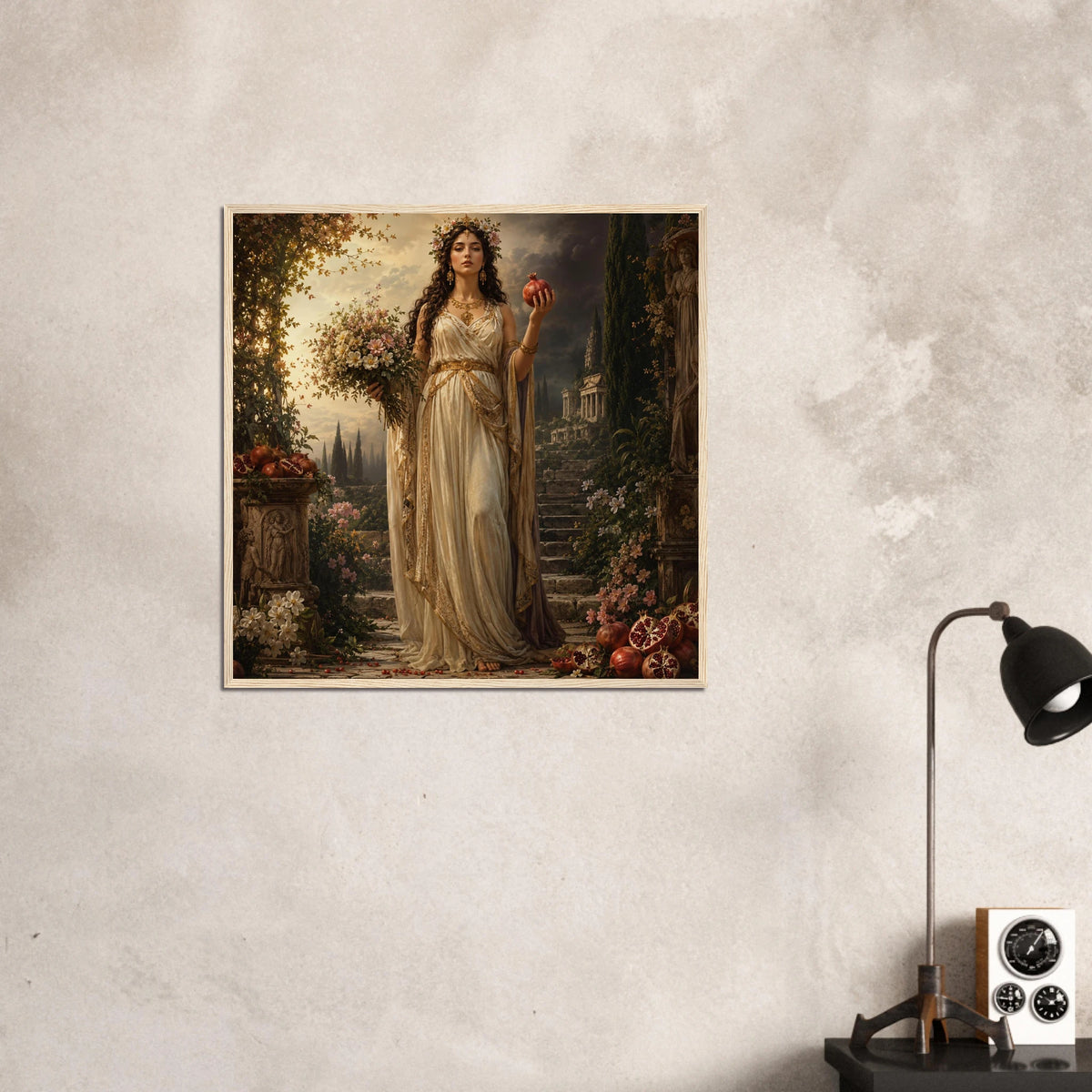 Gerahmtes Fine Art Bild von Persephone mit Granatapfel und Blumen im antiken Garten an einer Wand aus der Griechische Götter Framed Fine Art Kollektion von babasan