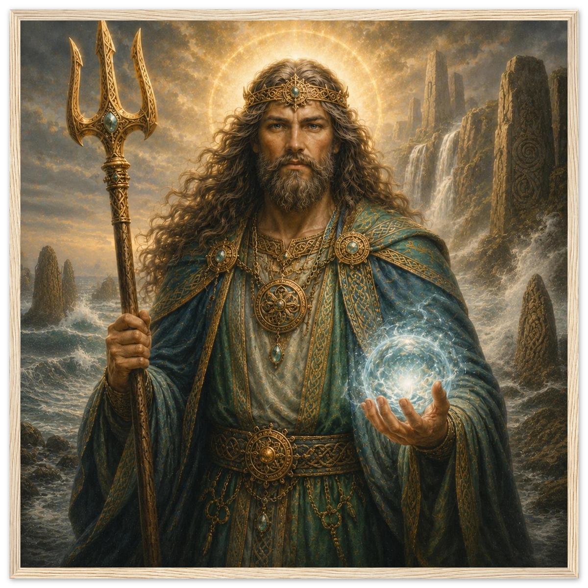 Manannan als keltischer Meeresgott mit Dreizack und leuchtender Wasserkugel vor Wasserfällen und mystischen Steinsäulen in der Keltischen Götter Framed Fine Art Kollektion von babasan