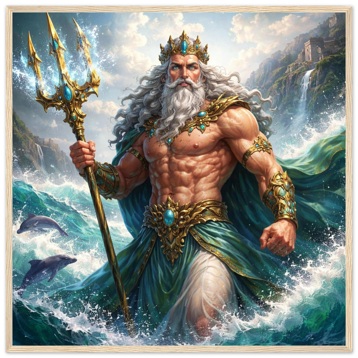 Poseidon mit Krone und Dreizack steht zwischen tosenden Wellen und Delfinen vor einer Küstenlandschaft. Gerahmte Fine Art von babasan aus der Griechische Götter Kollektion