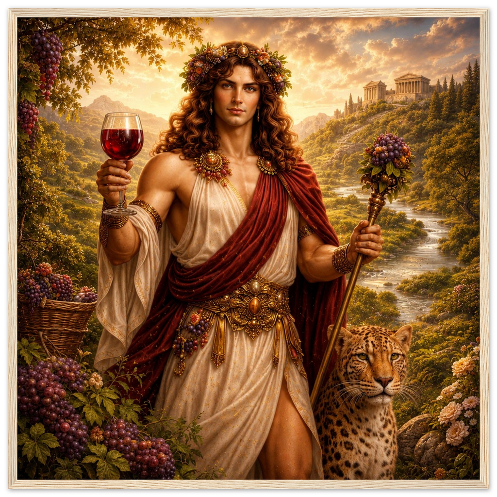 Gerahmtes Fine Art von Dionysos mit Rotweinglas und Thyrsosstab neben einem Leoparden in griechischer Landschaft aus der Kollektion von babasan