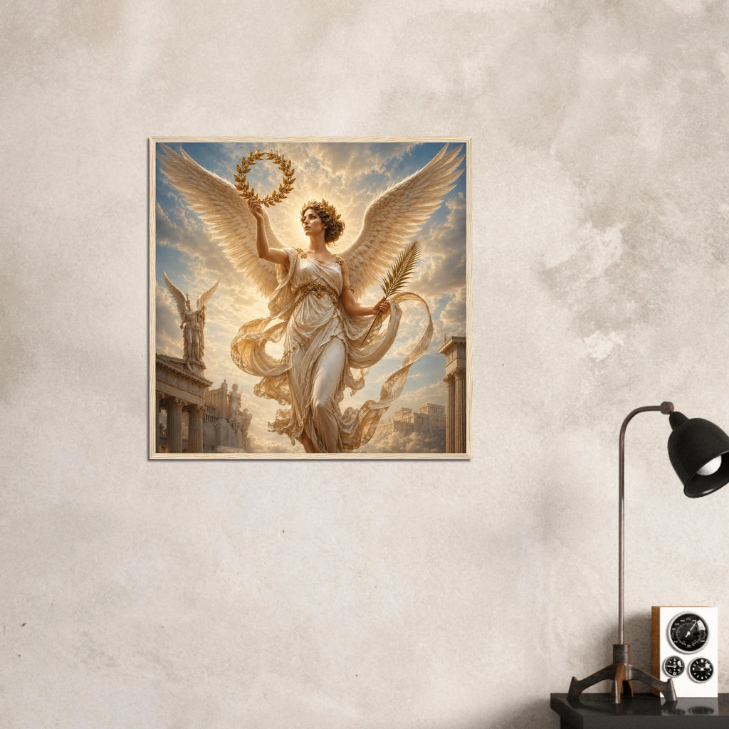 Gerahmte Fine Art von Nike der griechischen Siegesgöttin mit Flügeln und Lorbeerkranz an einer hellen Wand neben einer schwarzen Lampe von babasan