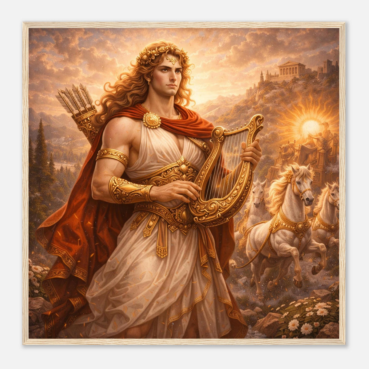 Gerahmte Fine Art Darstellung von Apollo mit goldener Leier und rotem Umhang vor strahlender Sonne und galoppierenden Pferden im antiken Griechenland von babasan