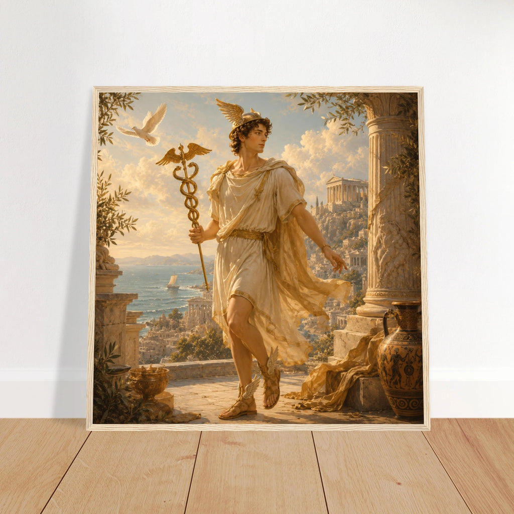Gerahmte Fine Art Darstellung von Hermes mit Flügelhelm und Heroldstab vor antiker Küstenstadt und Säulen von babasan aus der Griechische Götter Framed Fine Art Kollektion