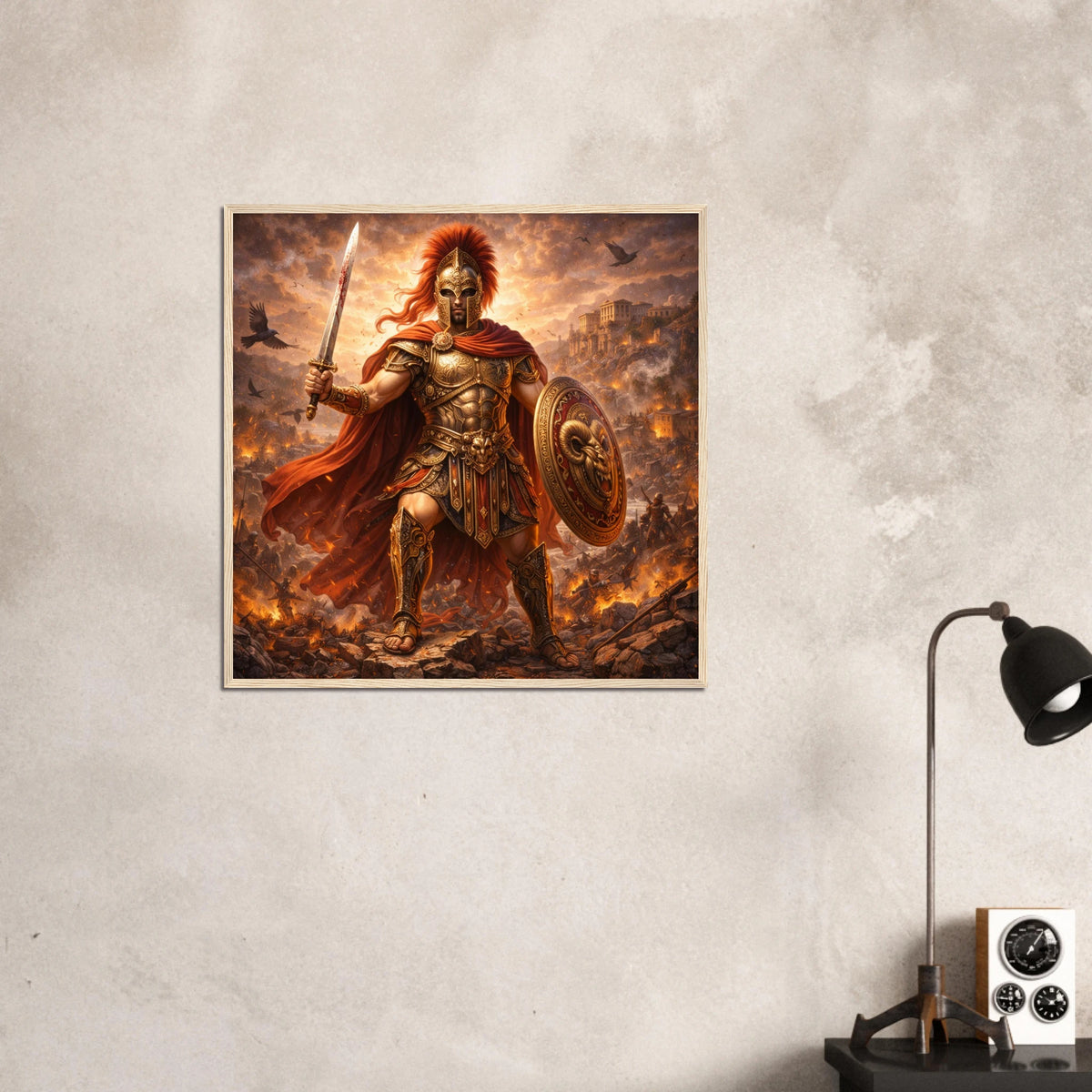 Gerahmtes Fine Art Motiv von Ares mit Schwert und Schild auf einem lodernden Schlachtfeld von babasan aus der Griechische Götter Framed Fine Art Kollektion