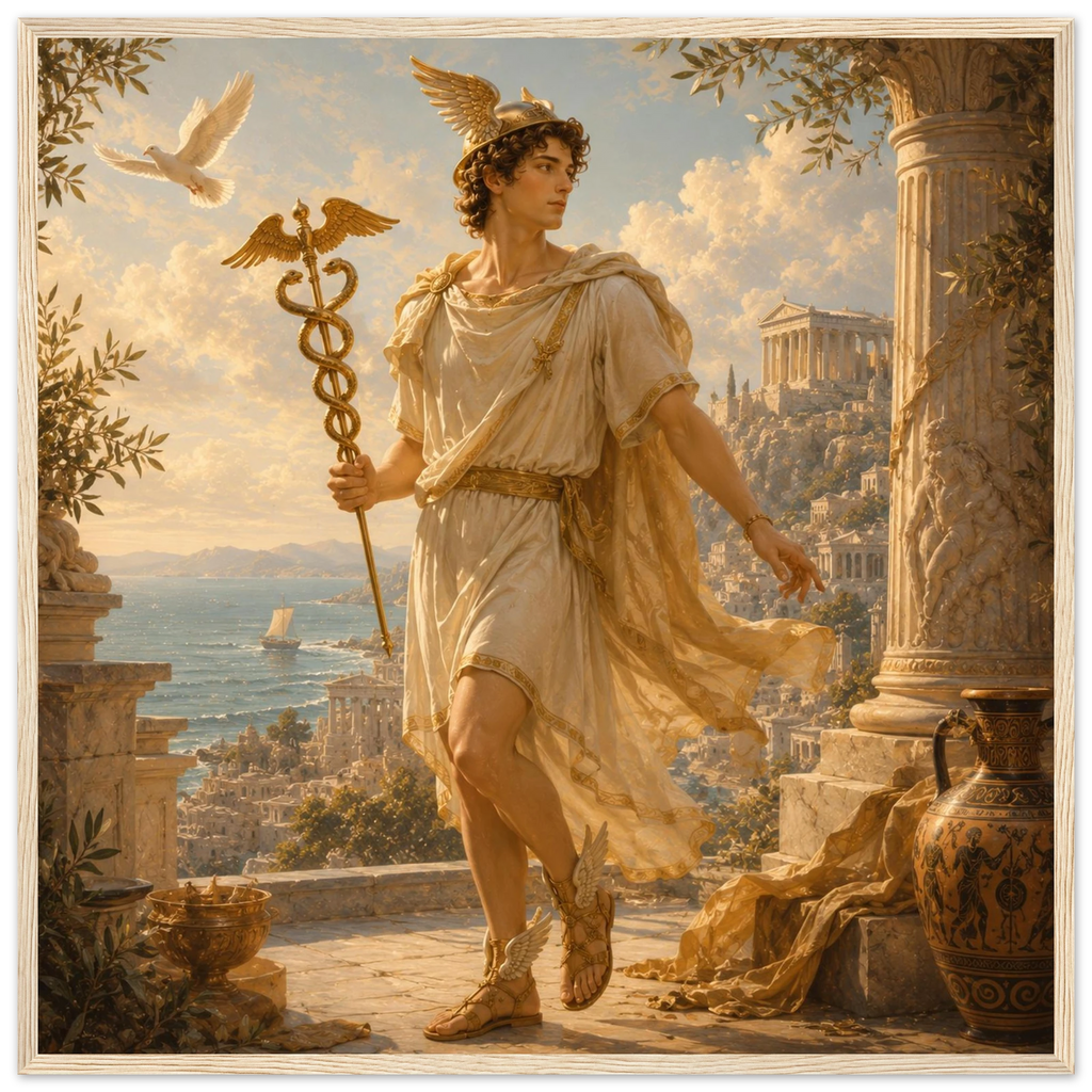 Hermes mit Flügelhelm und Heroldstab vor antiker Küste mit Tempeln als gerahmte Fine Art von babasan aus der Griechische Götter Kollektion