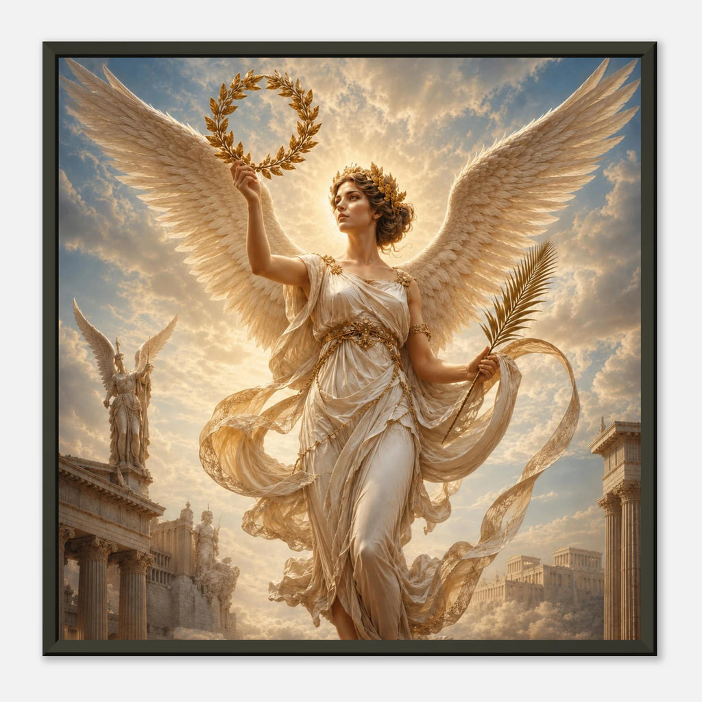Gerahmte Fine Art von babasan aus der Kollektion Griechische Götter mit Nike der Siegesgöttin in weißem Gewand und großen Flügeln vor antiker Stadtlandschaft