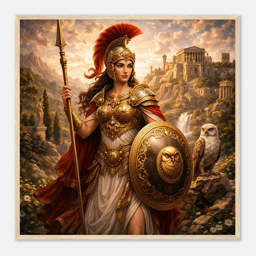 Athena als kriegerische Göttin mit Speer und verziertem Schild vor antiker Bergstadt und Eule. Gerahmte Fine Art von babasan aus der Griechische Götter Kollektion