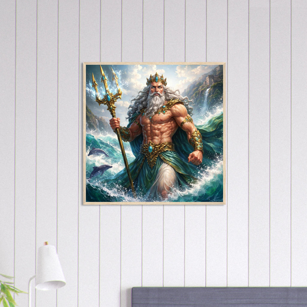 Gerahmtes Bild von Poseidon mit Dreizack und wallendem Bart in wilden Meereswellen an einer hellen Wand, von babasan aus der Kollektion Griechische Götter