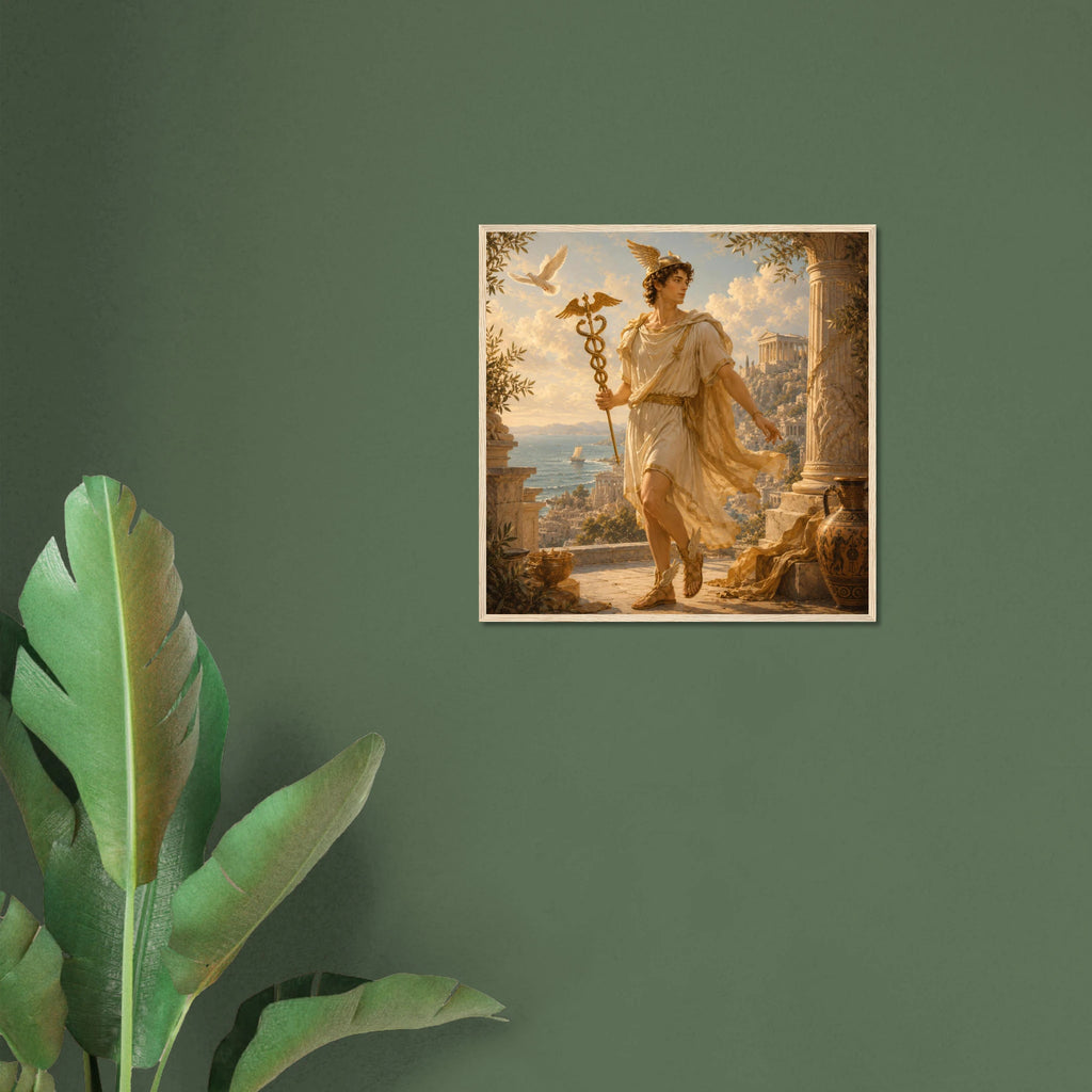 Gerahmte Fine Art von Hermes mit geflügeltem Stab in antiker Küstenlandschaft aus der Griechische Götter Framed Fine Art Kollektion von babasan