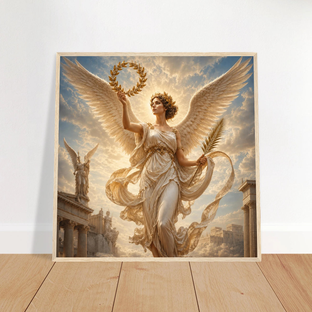 Gerahmte Fine Art Darstellung von Nike der griechischen Göttin des Sieges mit Flügeln Lorbeerkranz und Palmzweig vor antiker Stadt aus der Kollektion von babasan
