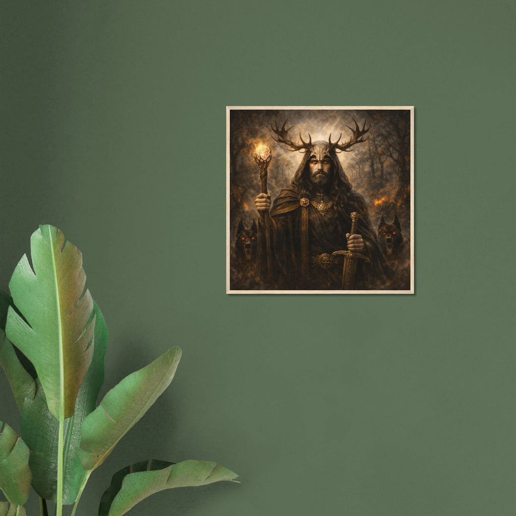 Gerahmtes Fine Art Bild von Arawn mit Geweihkrone in einem dunklen Wald. Der keltische Herrscher hält Fackel und Stab. Kunstwerk von babasan aus der Kollektion Keltische Götter