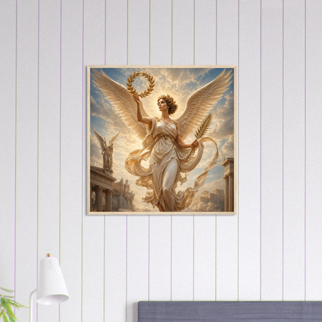 Gerahmte Fine Art mit Nike der griechischen Göttin des Sieges mit Flügeln und Lorbeerkranz vor antiker Kulisse von babasan aus der Kollektion Griechische Götter