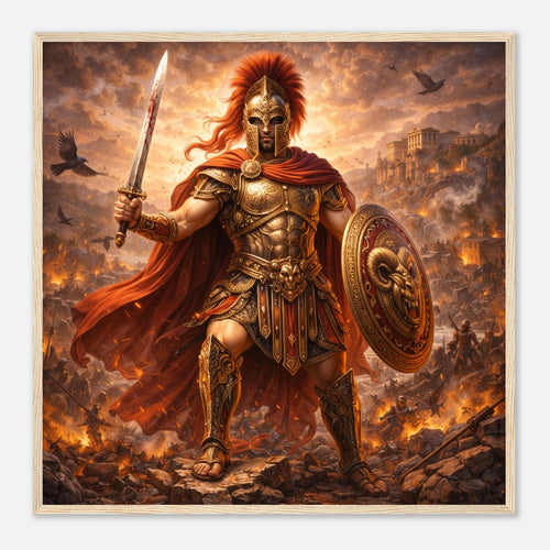 Gerahmte Fine Art Darstellung von Ares als bewaffnetem griechischem Kriegsgott mit Schwert und Schild vor einer brennenden Stadt von babasan aus der Griechische Götter Framed Fine Art Kollektion