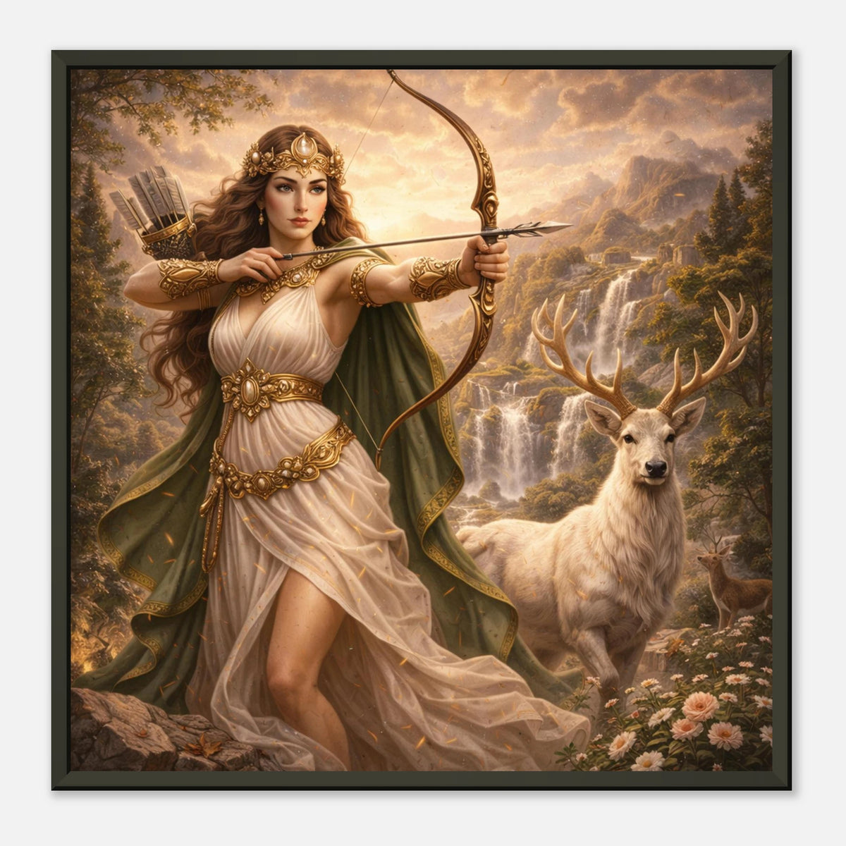 Gerahmte Fine Art Darstellung von Artemis mit gespanntem Bogen und Hirsch vor Wasserfällen in wilder Berglandschaft von babasan aus der Kollektion Griechische Götter