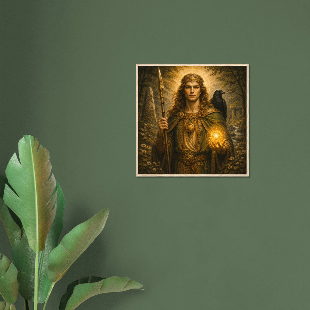 Lugh als keltischer Gott des Lichts mit goldenem Haar einem Stab einem Raben und leuchtender Hand im gerahmten Kunstbild aus der Keltische Götter Framed Fine Art Kollektion von babasan