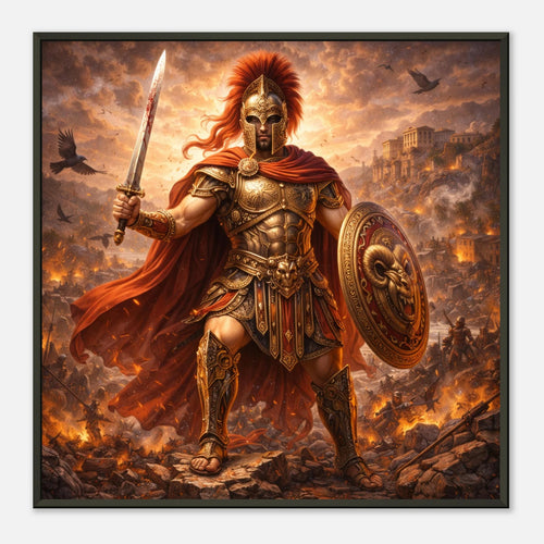 Gerahmte Fine Art von babasan zeigt Ares als griechischen Kriegsgott mit Schwert und Schild in einer brennenden Schlachtlandschaft der Griechische Götter Kollektion