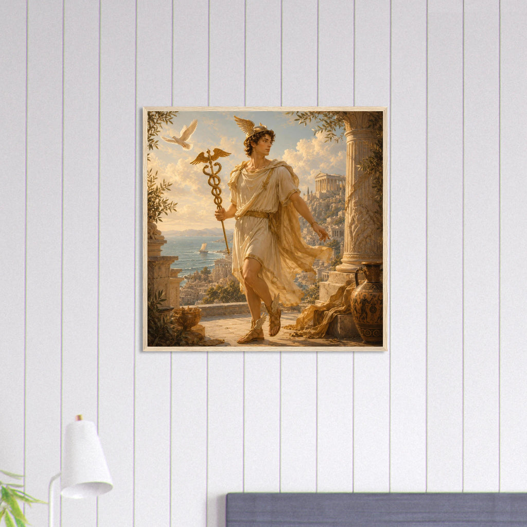 Gerahmte Fine Art Darstellung von Hermes mit geflügeltem Stab in antiker Küstenlandschaft an heller Wand aus der Kollektion Griechische Götter von babasan