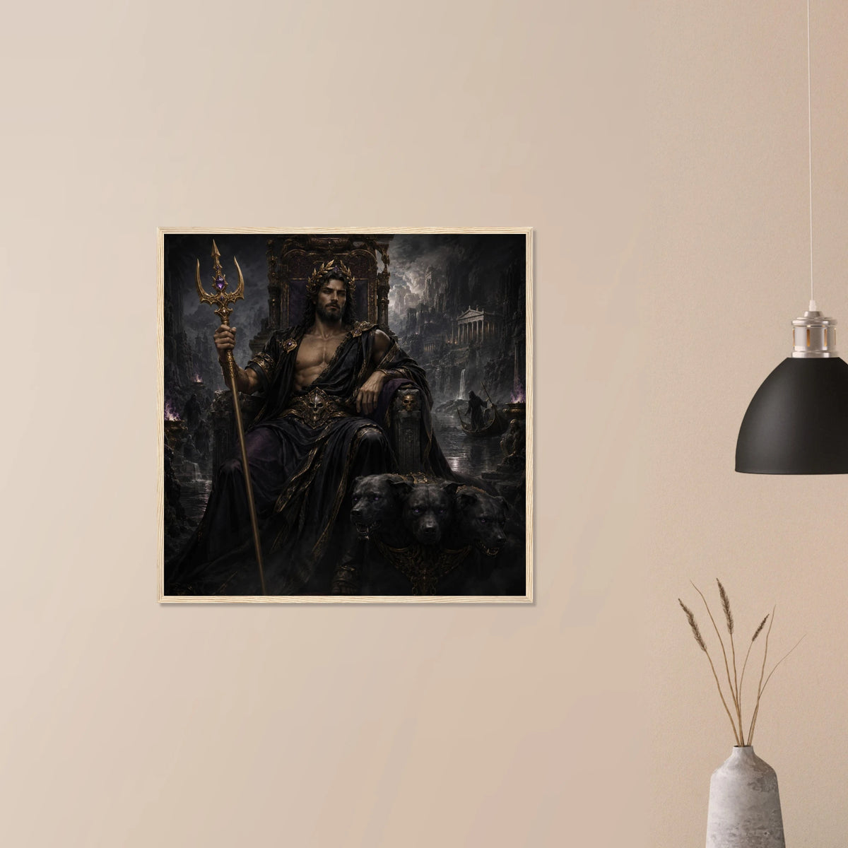Gerahmte Fine Art Darstellung von Hades als dunklem Gott der Unterwelt mit Stab und schwarzem Höllenhund in stimmungsvoller Wohnszene von babasan