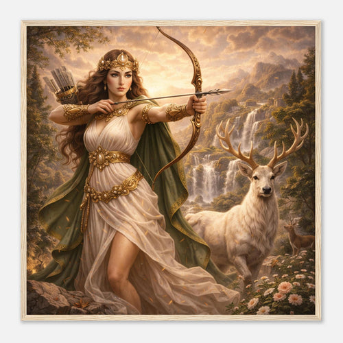 Gerahmte Fine Art von Artemis mit Bogen und Pfeil neben einem weißen Hirsch in einer bewaldeten Berglandschaft mit Wasserfällen von babasan aus der Griechische Götter Kollektion