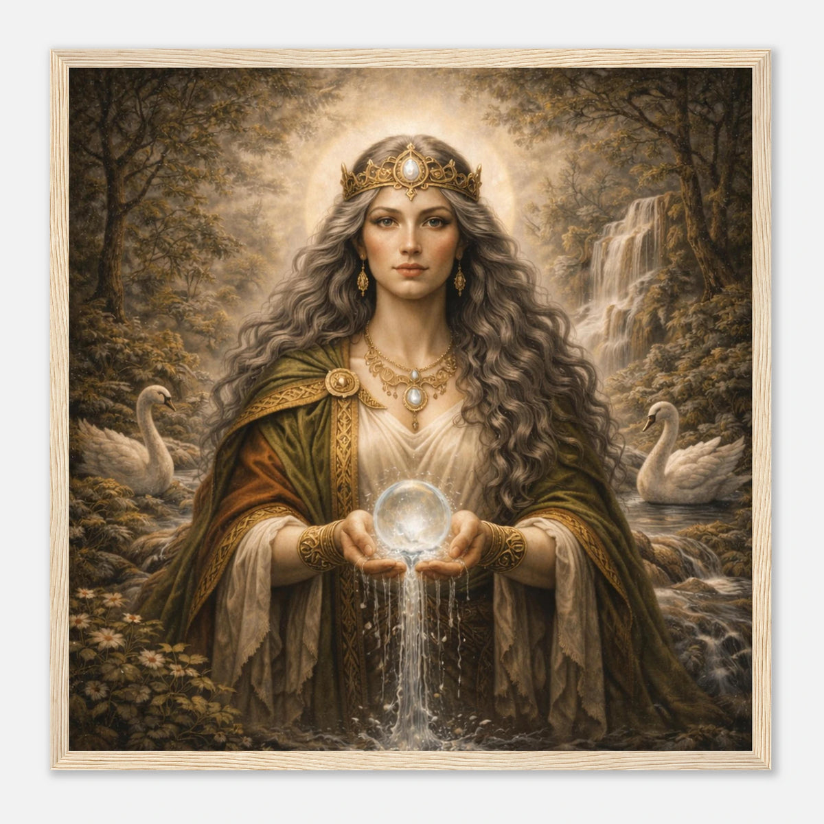 Gerahmtes Kunstbild der keltischen Muttergöttin Danu mit Lichtkugel und Wasserstrom vor Wald und Wasserfall mit Schwänen von babasan aus der Kollektion Keltische Götter - Framed Fine Art