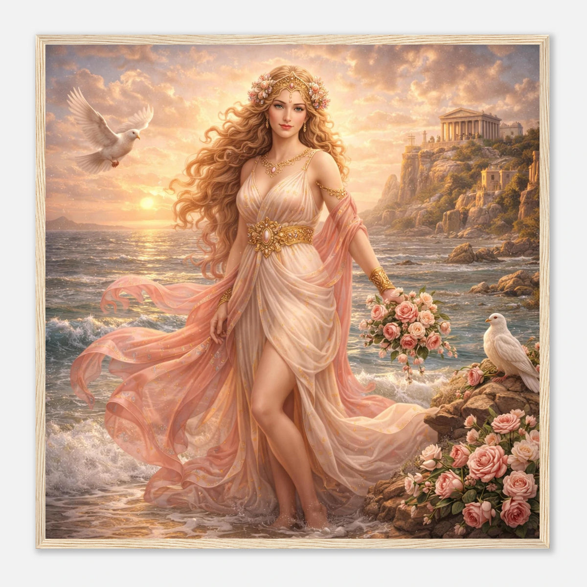 Aphrodite als Göttin der Liebe im fließenden Gewand am Meer mit Rosen und Taube vor antikem Tempel. Gerahmte Fine Art von babasan aus der Griechische Götter Kollektion