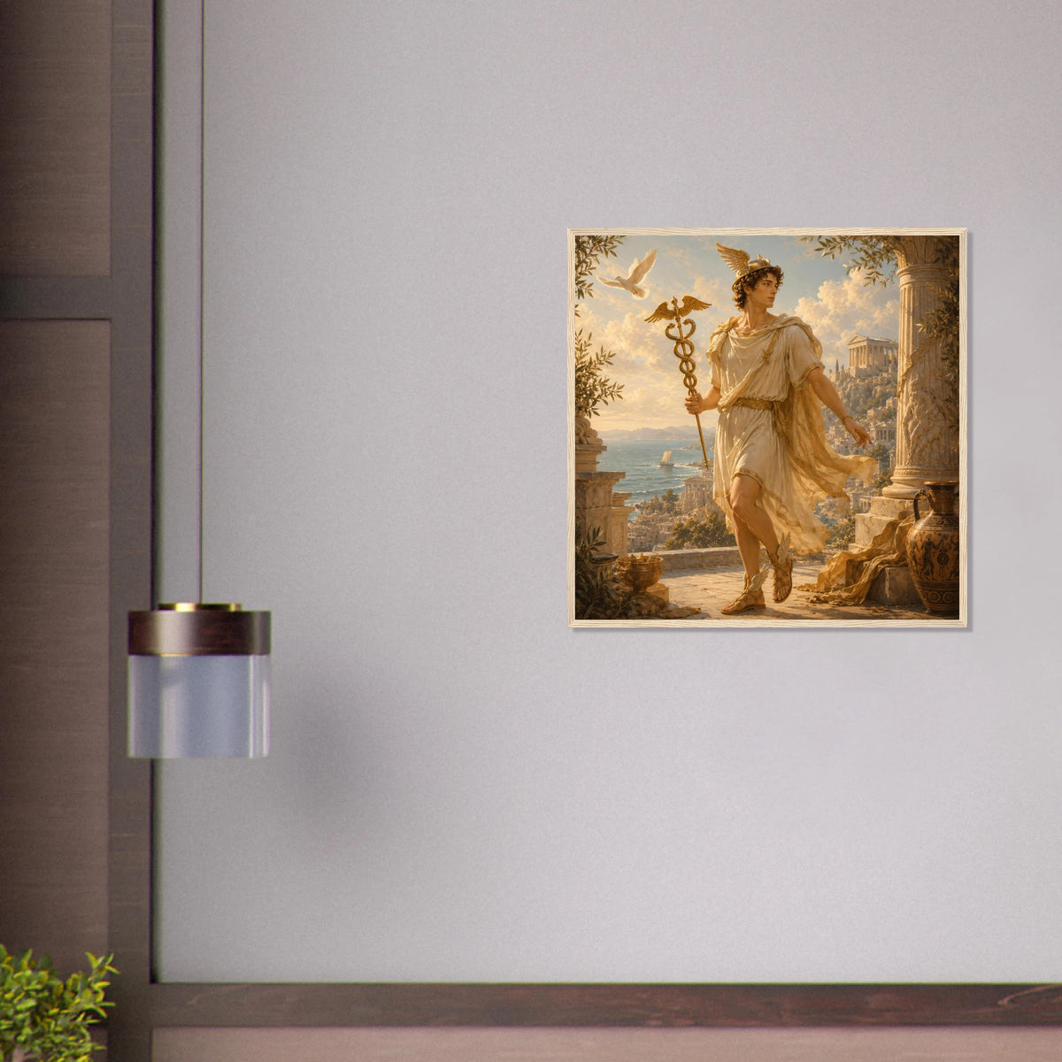Gerahmtes Fine Art Bild von Hermes mit Heroldstab in antiker Landschaft aus der Griechische Götter Framed Fine Art Kollektion von babasan