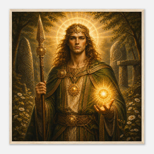 Gerahmte Darstellung von Belenus mit goldener Lichtkugel Speer und keltischen Steinskulpturen im Wald von babasan aus der Kollektion Keltische Götter Framed Fine Art