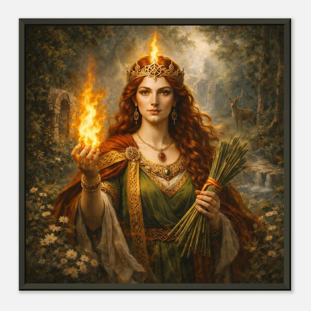 Brigid als keltische Göttin mit leuchtender Flamme und Ährenbündel in mystischer Waldlandschaft. Gerahmtes Fine Art von babasan aus der Keltische Götter Kollektion