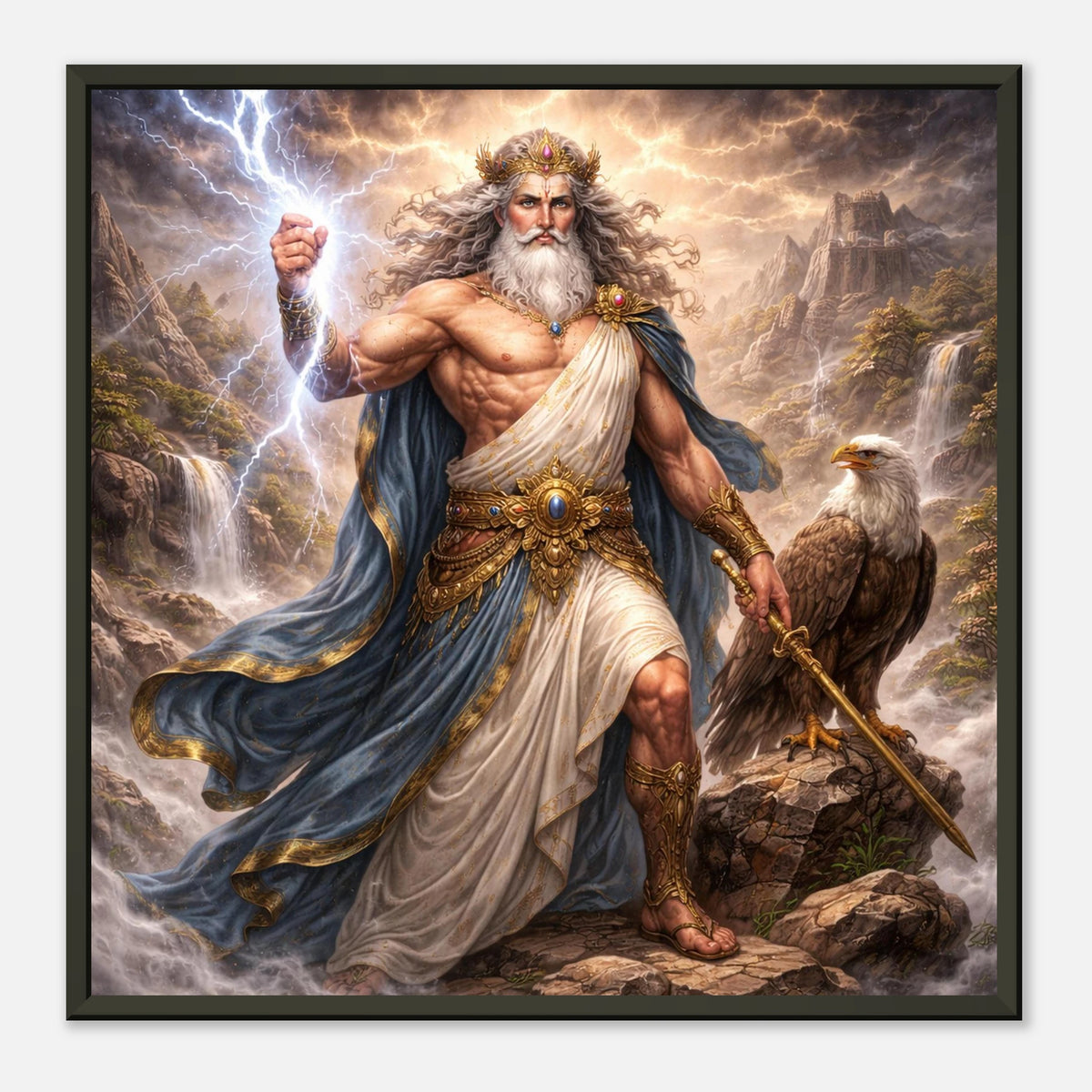 Zeus mit Blitzen und Adler vor dramatischer Berglandschaft als gerahmte Fine Art von babasan aus der Kollektion Griechische Götter Framed Fine Art Kollektion