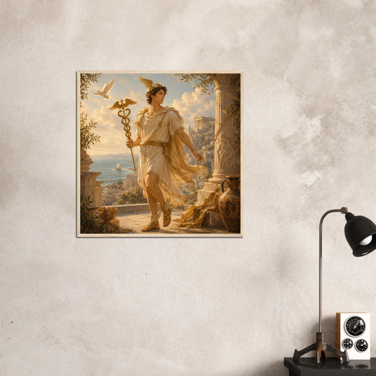 Gerahmte Fine Art von Hermes mit Flügelhelm und Heroldstab vor antiker Küstenlandschaft aus der Kollektion Griechische Götter von babasan