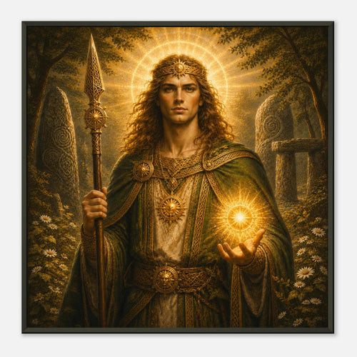 Strahlende Darstellung von Belenus mit Speer und leuchtender Sonnenkugel im Wald als gerahmtes Kunstwerk von babasan aus der Keltische Götter Framed Fine Art Kollektion