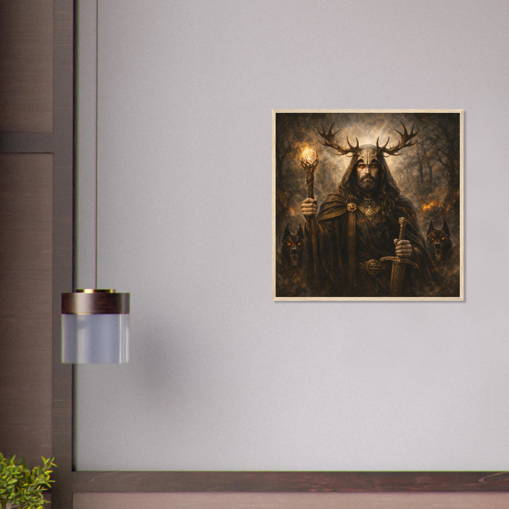 Gerahmtes Fine Art Bild von Arawn mit gehörntem keltischem Herrscher Fackel Schwert und Wolf aus der Kollektion Keltische Götter Framed Fine Art von babasan